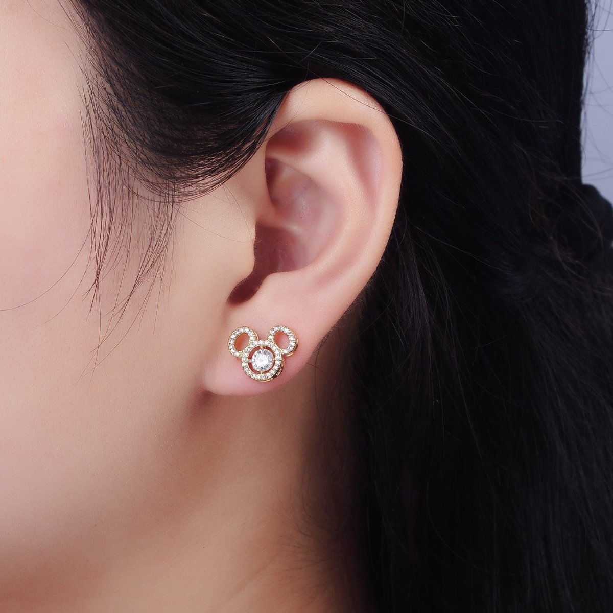 14K Gold Filled Triple Clear CZ Open Round Micro Paved Mouse Stud Earrings in Gold & Silver | V468 V469