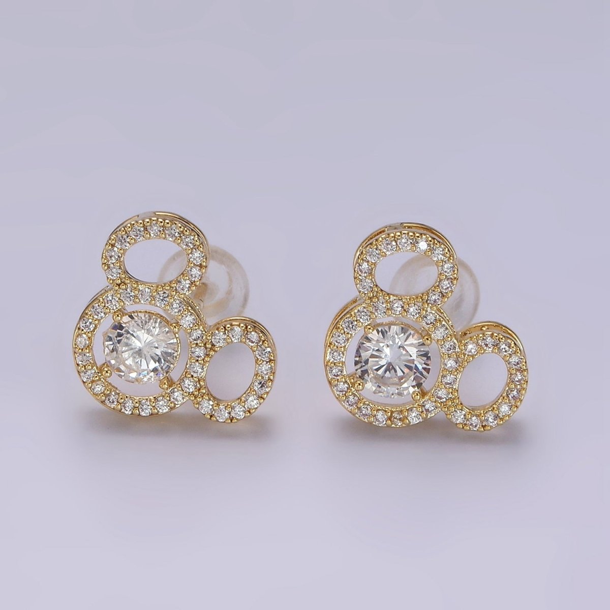 14K Gold Filled Triple Clear CZ Open Round Micro Paved Mouse Stud Earrings in Gold & Silver | V468 V469