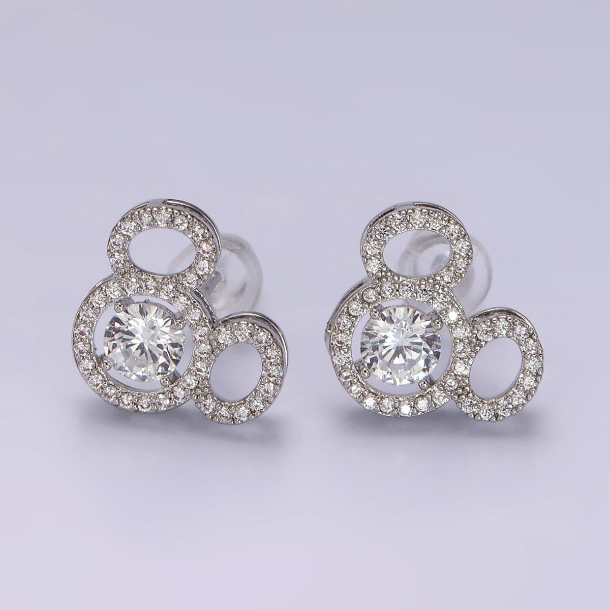 14K Gold Filled Triple Clear CZ Open Round Micro Paved Mouse Stud Earrings in Gold & Silver | V468 V469