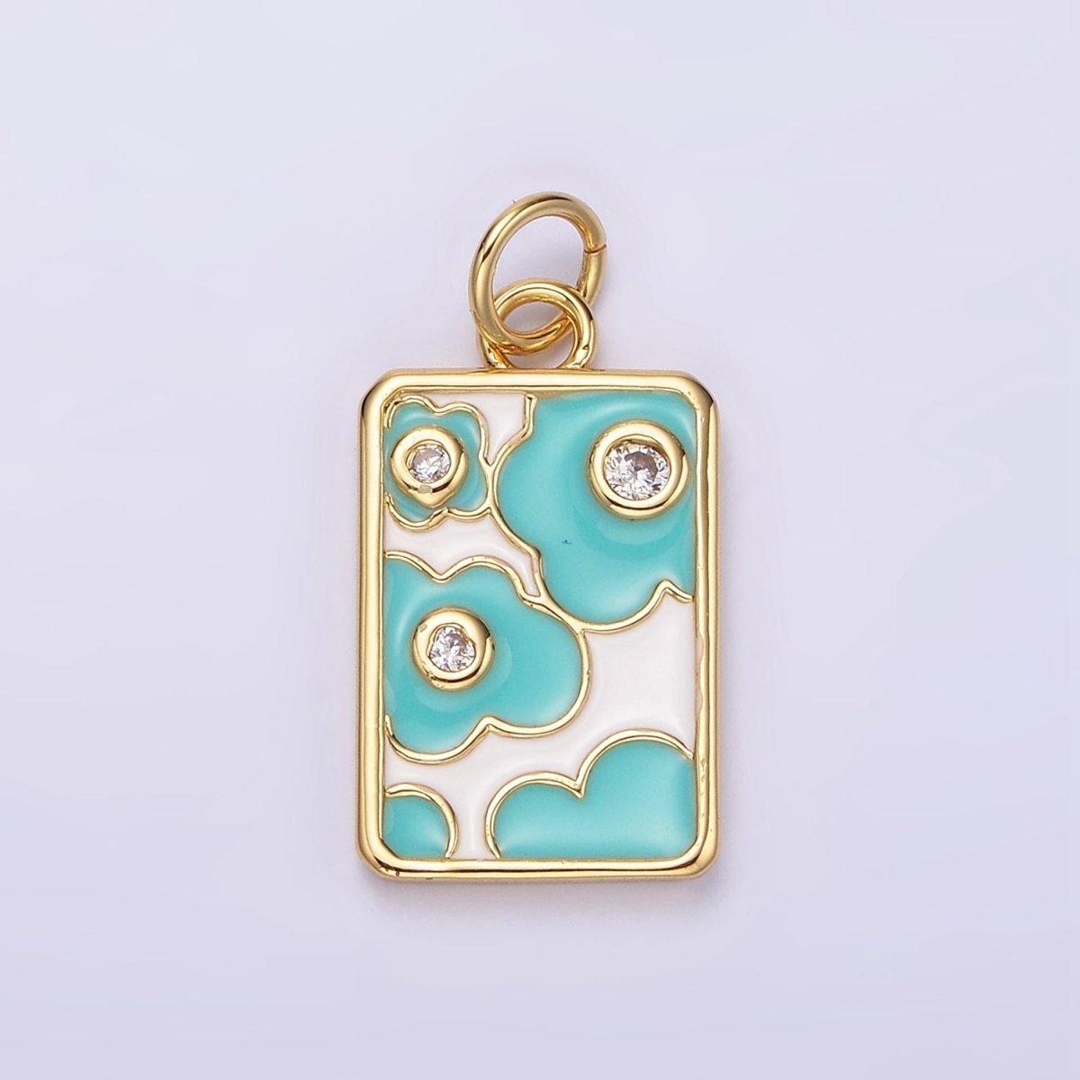 14K Gold Filled Triple Clear CZ Teal Flower Cloud Enamel Rectangular Charm in Gold & Silver | N1547 N1548