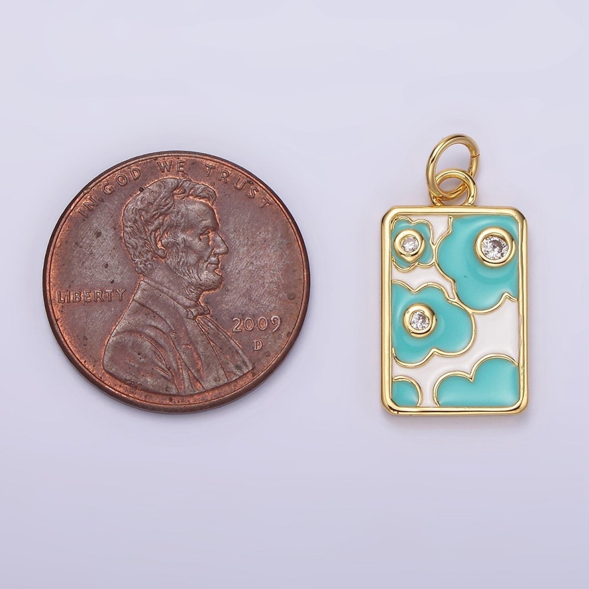 14K Gold Filled Triple Clear CZ Teal Flower Cloud Enamel Rectangular Charm in Gold & Silver | N1547 N1548