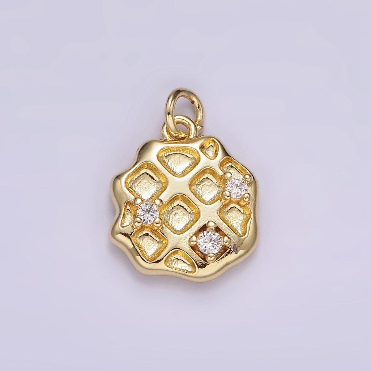 14K Gold Filled Triple Clear CZ Waffle Dented Abstract Round Charm | AG504