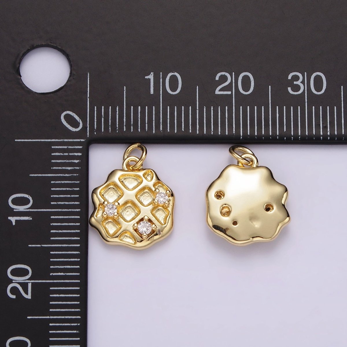 14K Gold Filled Triple Clear CZ Waffle Dented Abstract Round Charm | AG504