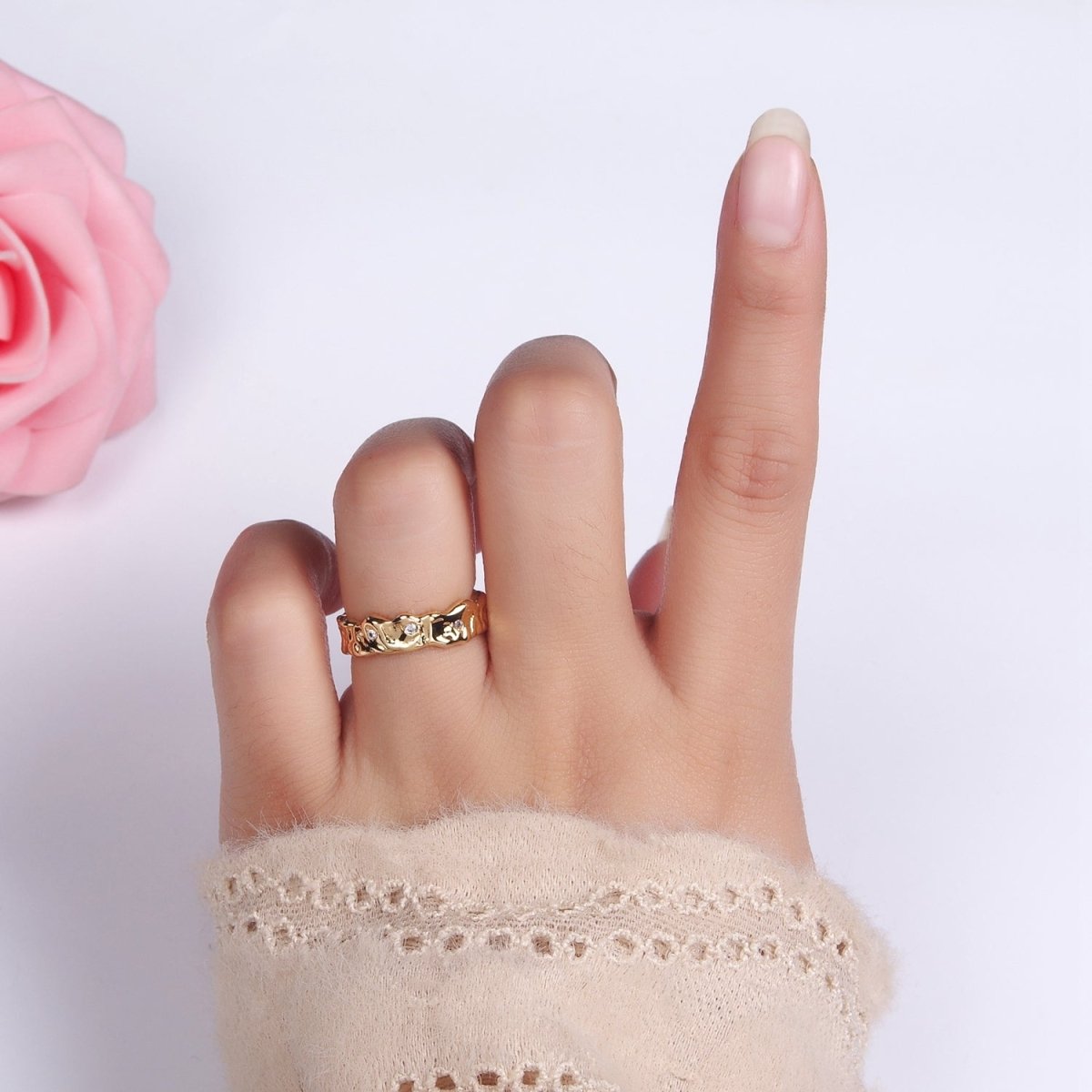 14K Gold Filled Triple CZ Dotted Molten Band Ring | O1264