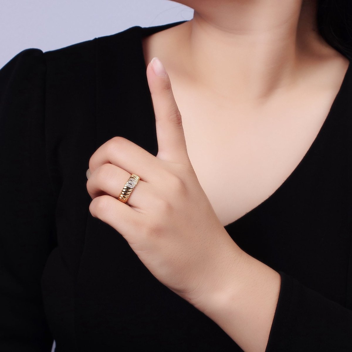 14K Gold Filled Triple Micro Paved CZ Croissant Ring | O1265