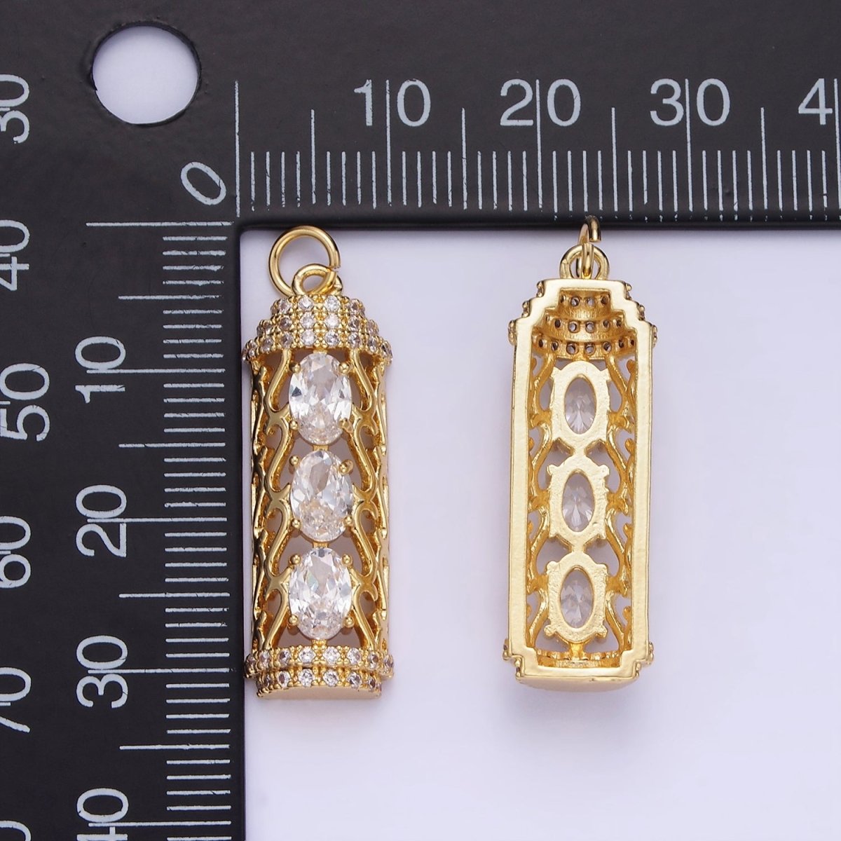 14K Gold Filled Triple Oval CZ Open Filigree Micro Paved Tube Charm | AG620