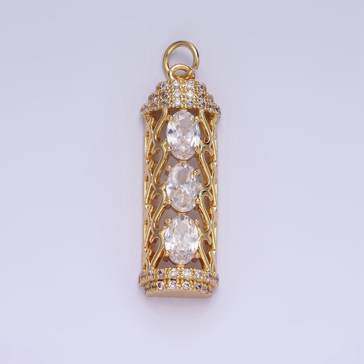 14K Gold Filled Triple Oval CZ Open Filigree Micro Paved Tube Charm | AG620