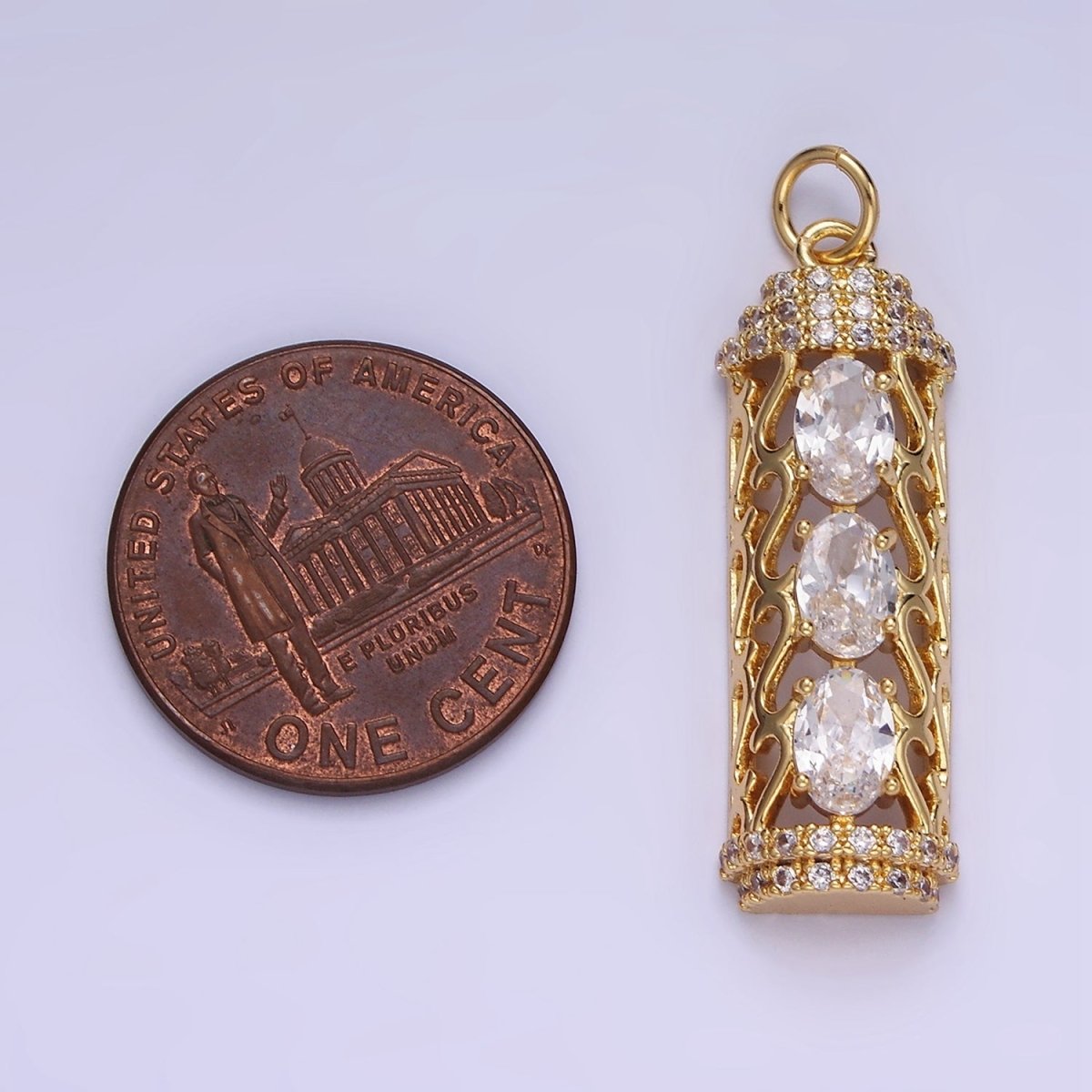 14K Gold Filled Triple Oval CZ Open Filigree Micro Paved Tube Charm | AG620