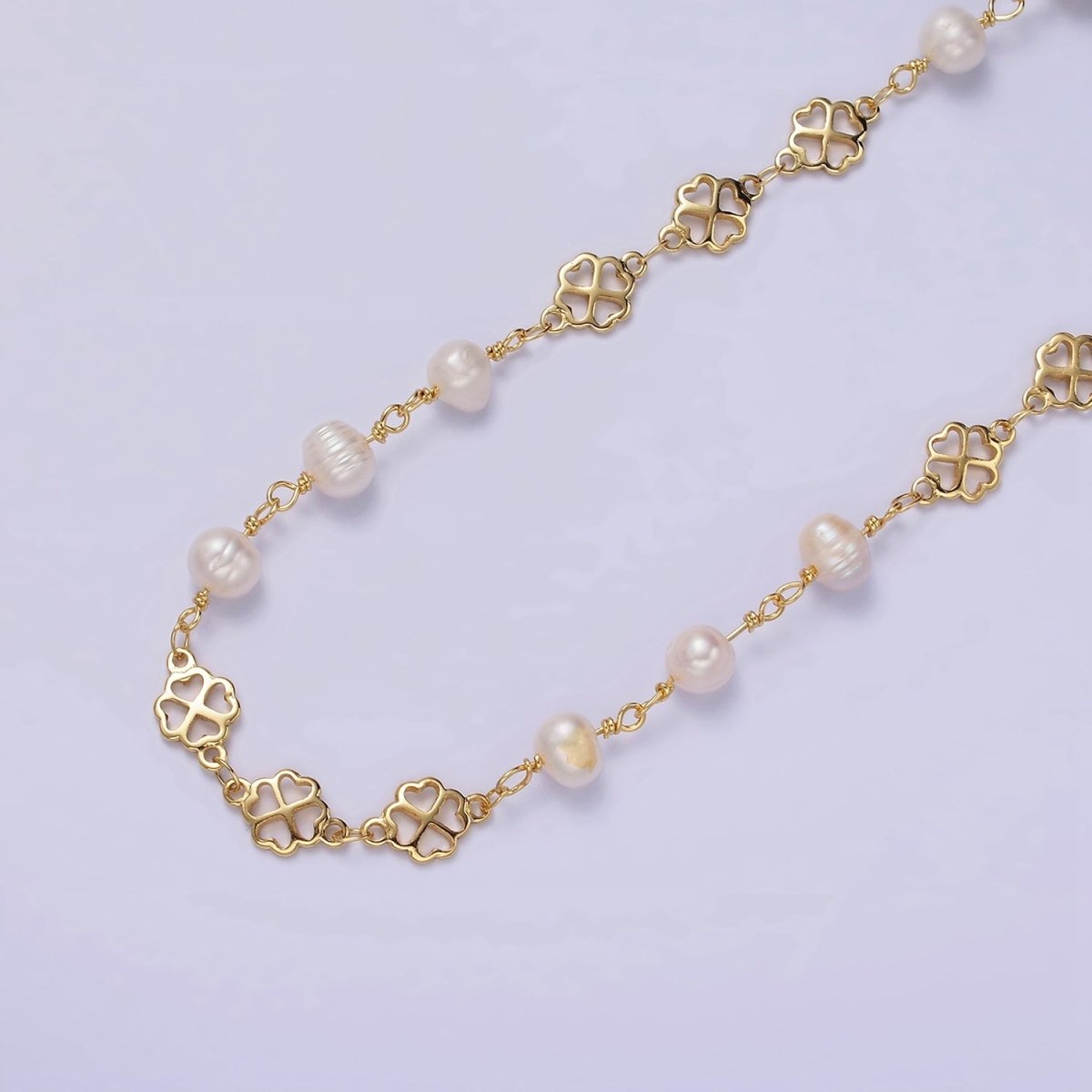 14K Gold Filled Triple Ringed Button White Freshwater Pearl Clover Heart Petal Unfinished Designed Chain For Jewelry Making | ROLL-1409 Clearance Pricing