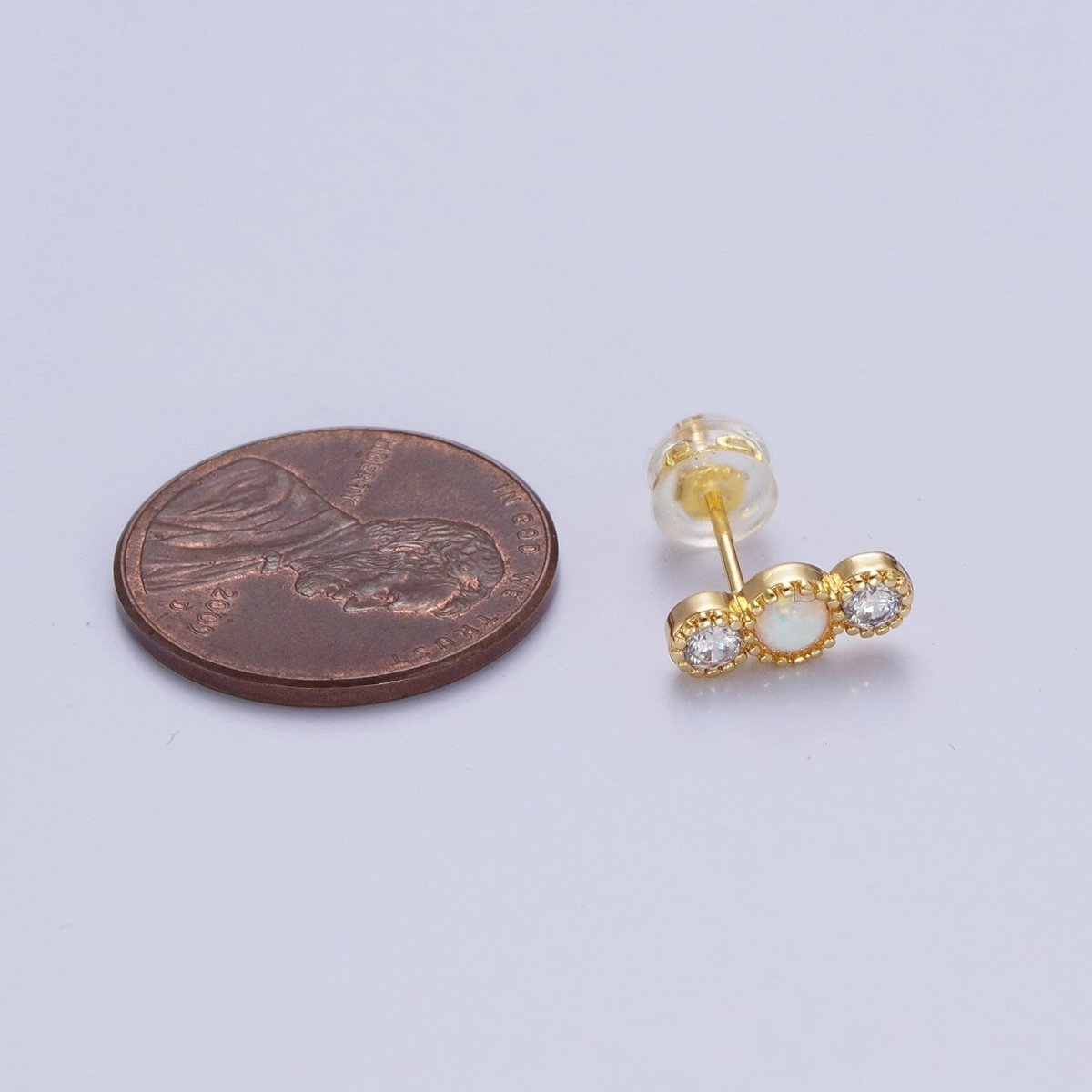 14K Gold Filled Triple Round White Opal Clear Cubic Zirconia Stud Earrings | AD-087