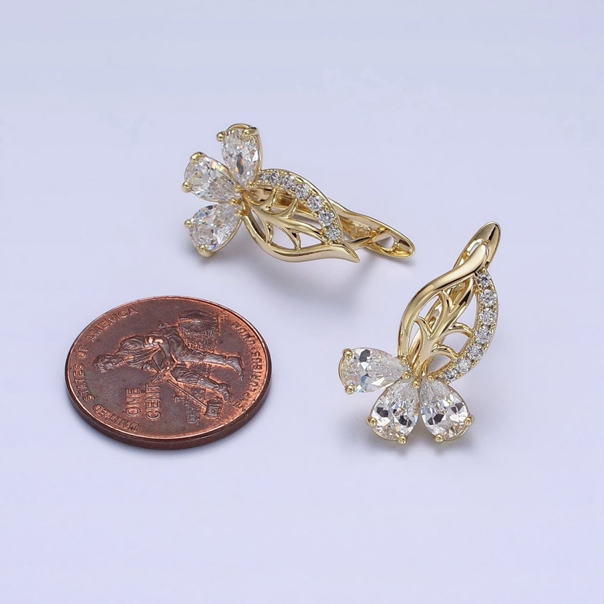 14K Gold Filled Triple Teardrop Micro Paved CZ Leaf English Lock Earrings | AD1438