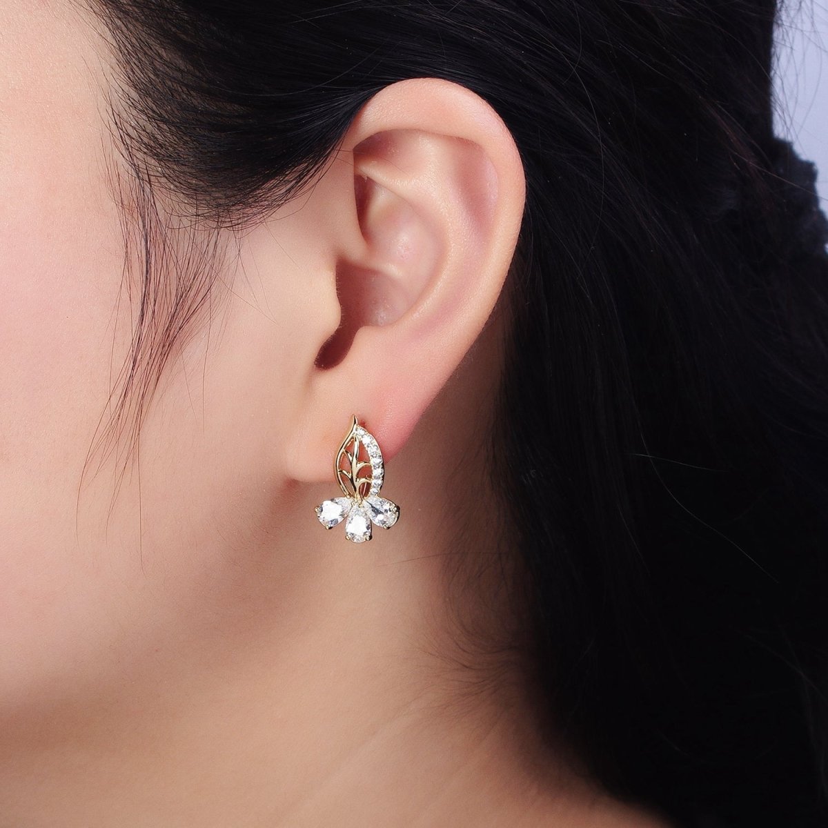 14K Gold Filled Triple Teardrop Micro Paved CZ Leaf English Lock Earrings | AD1438