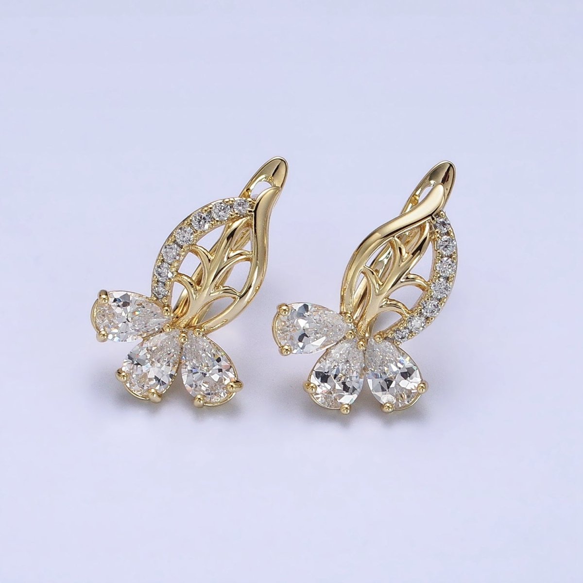 14K Gold Filled Triple Teardrop Micro Paved CZ Leaf English Lock Earrings | AD1438