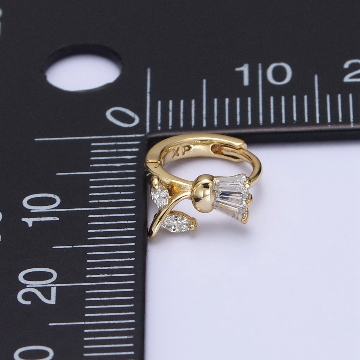 14K Gold Filled Tulip Flower Clear CZ Triple Baguette Micro Paved Cartilage Huggie Earrings | AD1382