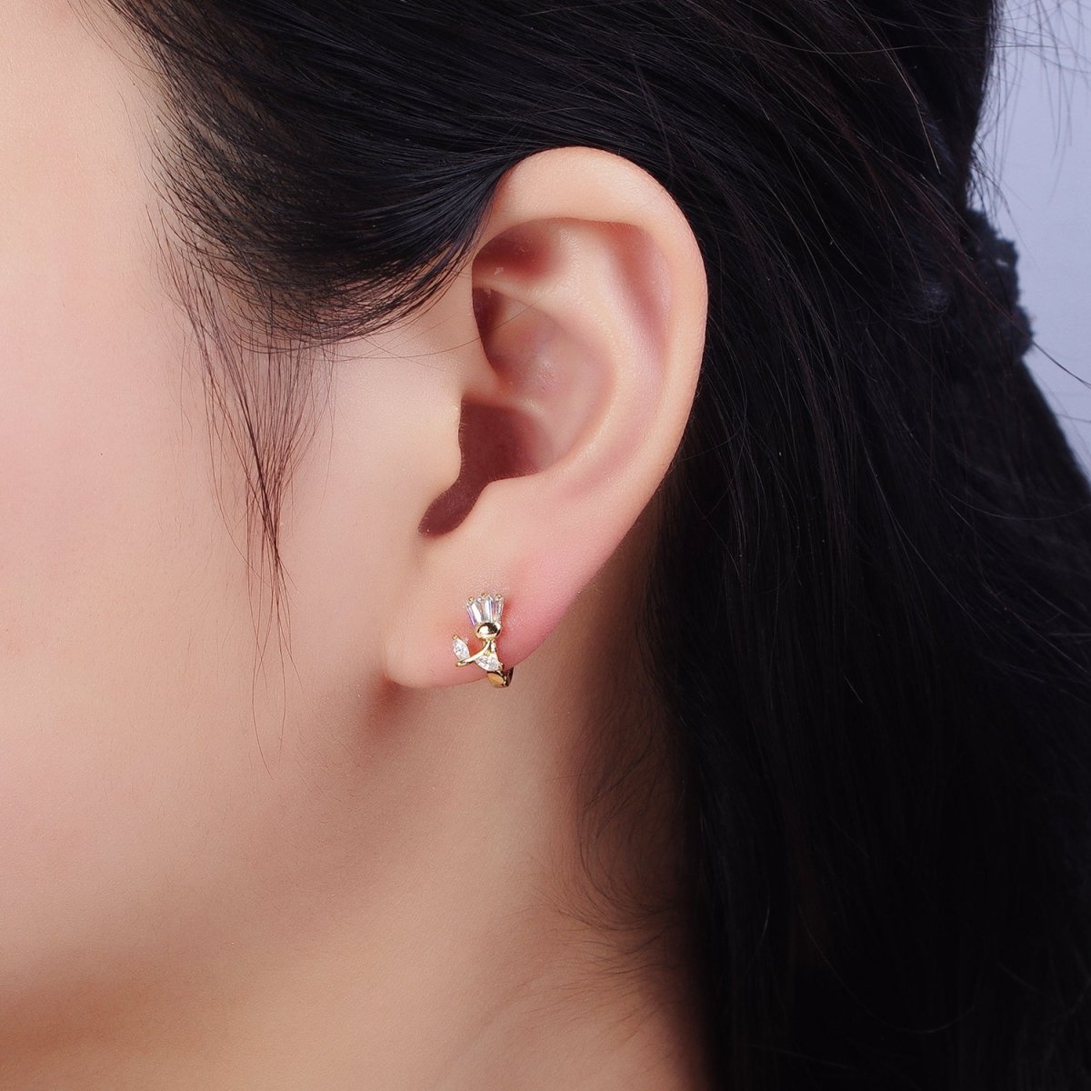 14K Gold Filled Tulip Flower Clear CZ Triple Baguette Micro Paved Cartilage Huggie Earrings | AD1382