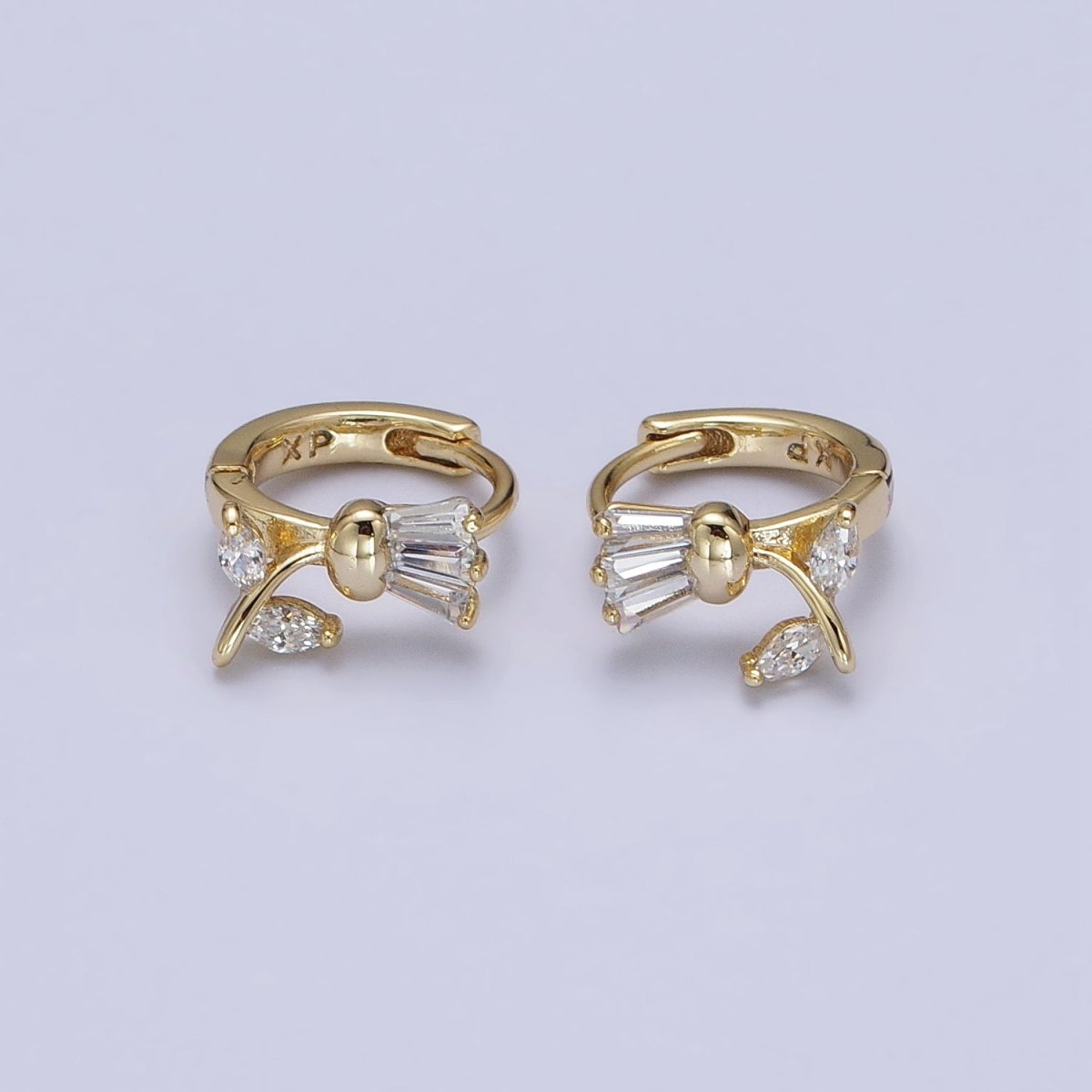 14K Gold Filled Tulip Flower Clear CZ Triple Baguette Micro Paved Cartilage Huggie Earrings | AD1382