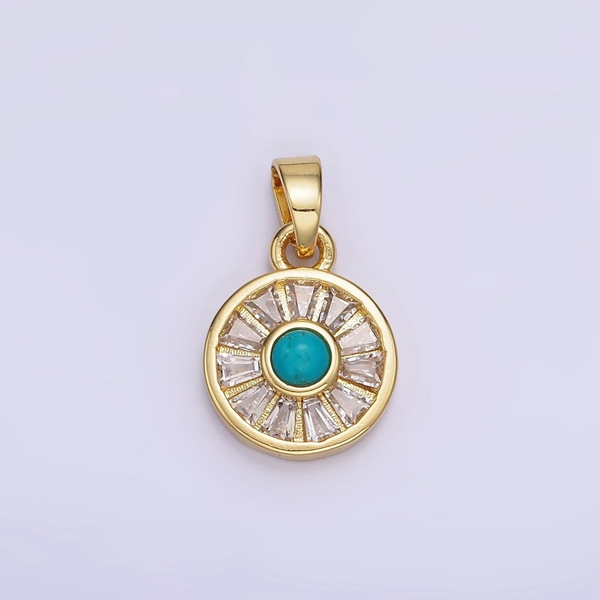 14K Gold Filled Turquoise Baguette CZ Lined Round Pendant | AH163