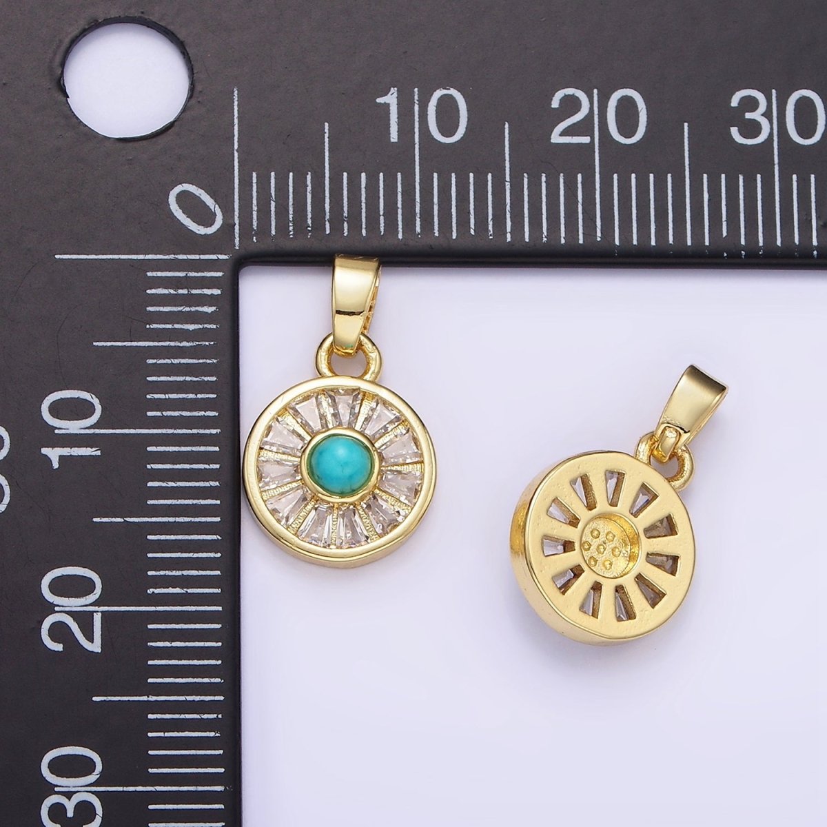 14K Gold Filled Turquoise Baguette CZ Lined Round Pendant | AH163