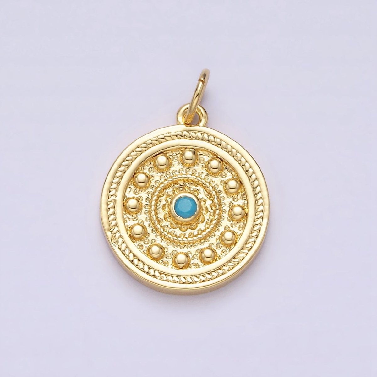 14K Gold Filled Turquoise Beaded Bubble Hammered Braided Round Charm | AC-1289