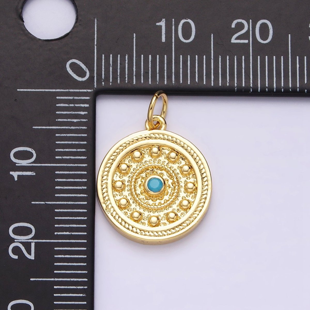 14K Gold Filled Turquoise Beaded Bubble Hammered Braided Round Charm | AC-1289
