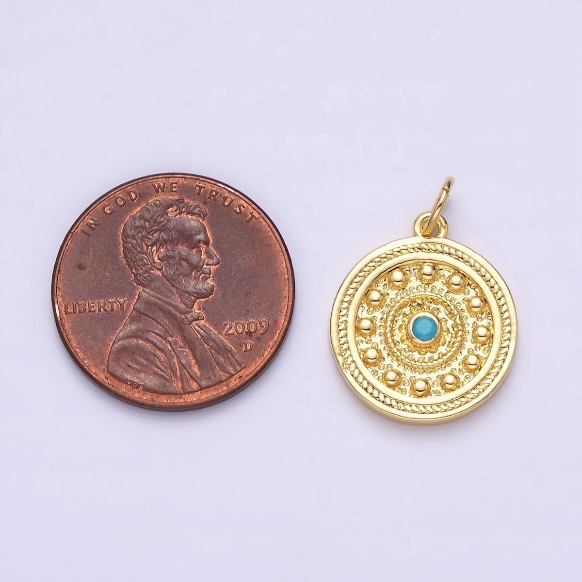14K Gold Filled Turquoise Beaded Bubble Hammered Braided Round Charm | AC-1289