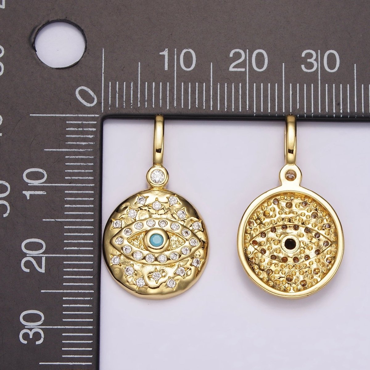 14K Gold Filled Turquoise, Black CZ Evil Eye Celestial Star Hammered Round Pendant | AH085 AH086