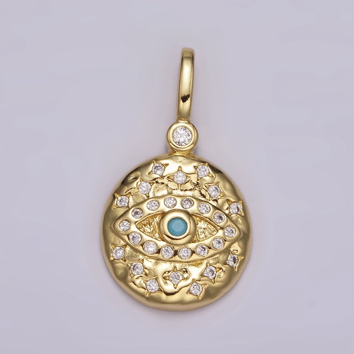14K Gold Filled Turquoise, Black CZ Evil Eye Celestial Star Hammered Round Pendant | AH085 AH086