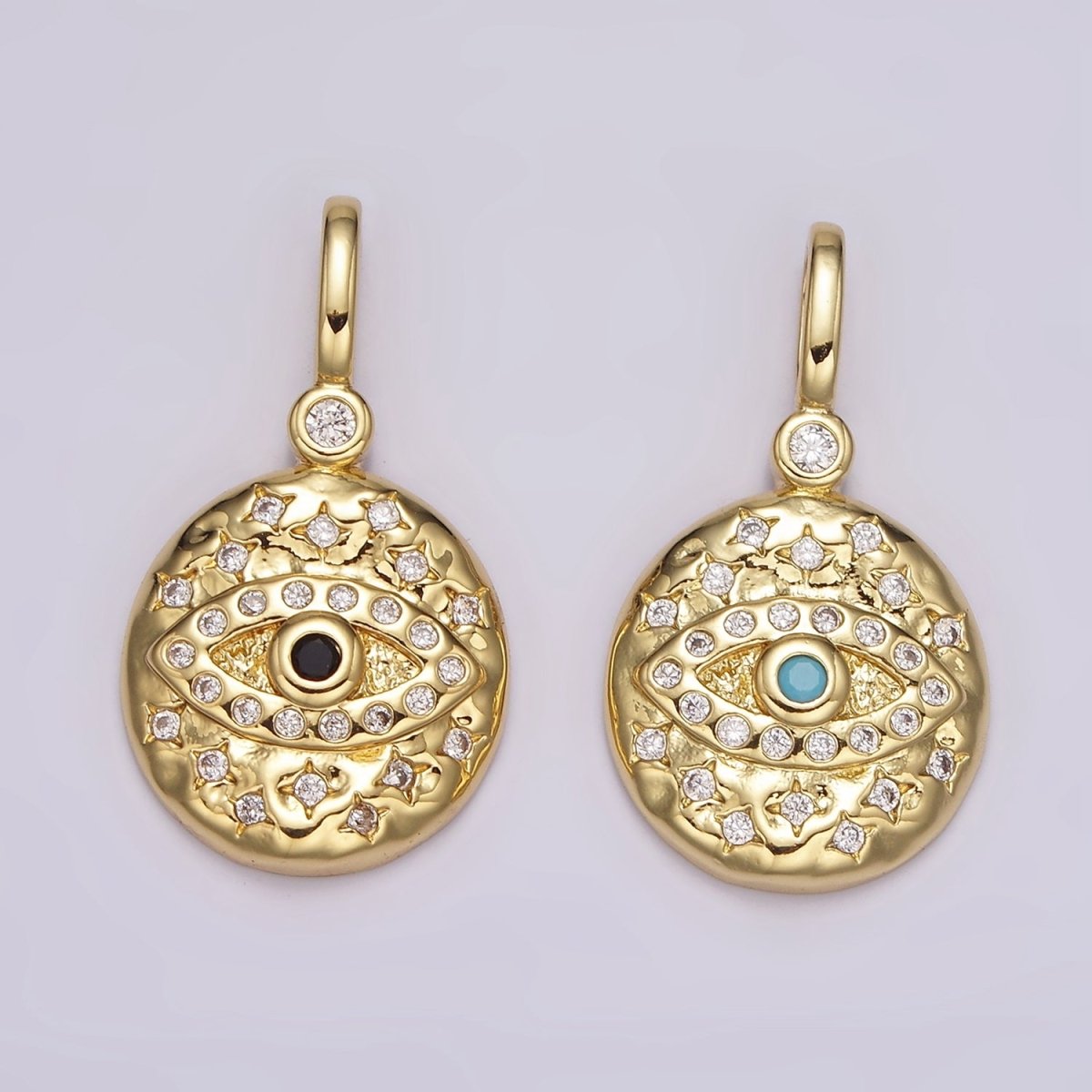 14K Gold Filled Turquoise, Black CZ Evil Eye Celestial Star Hammered Round Pendant | AH085 AH086