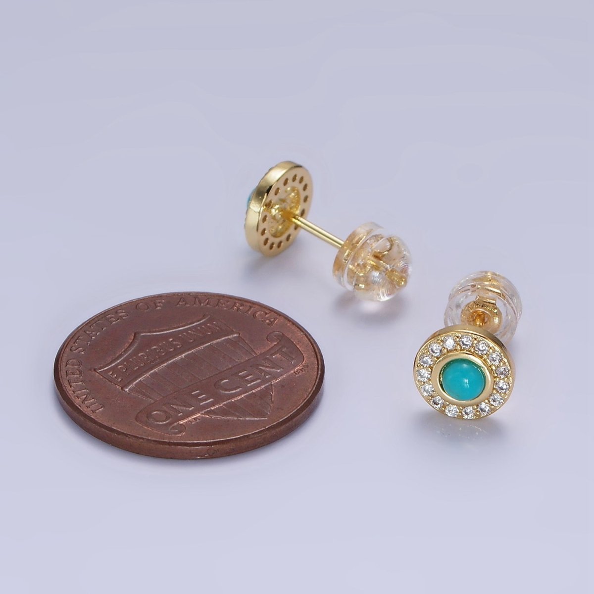 14K Gold Filled Turquoise Clear CZ Micro Paved Round Stud Earrings | P472
