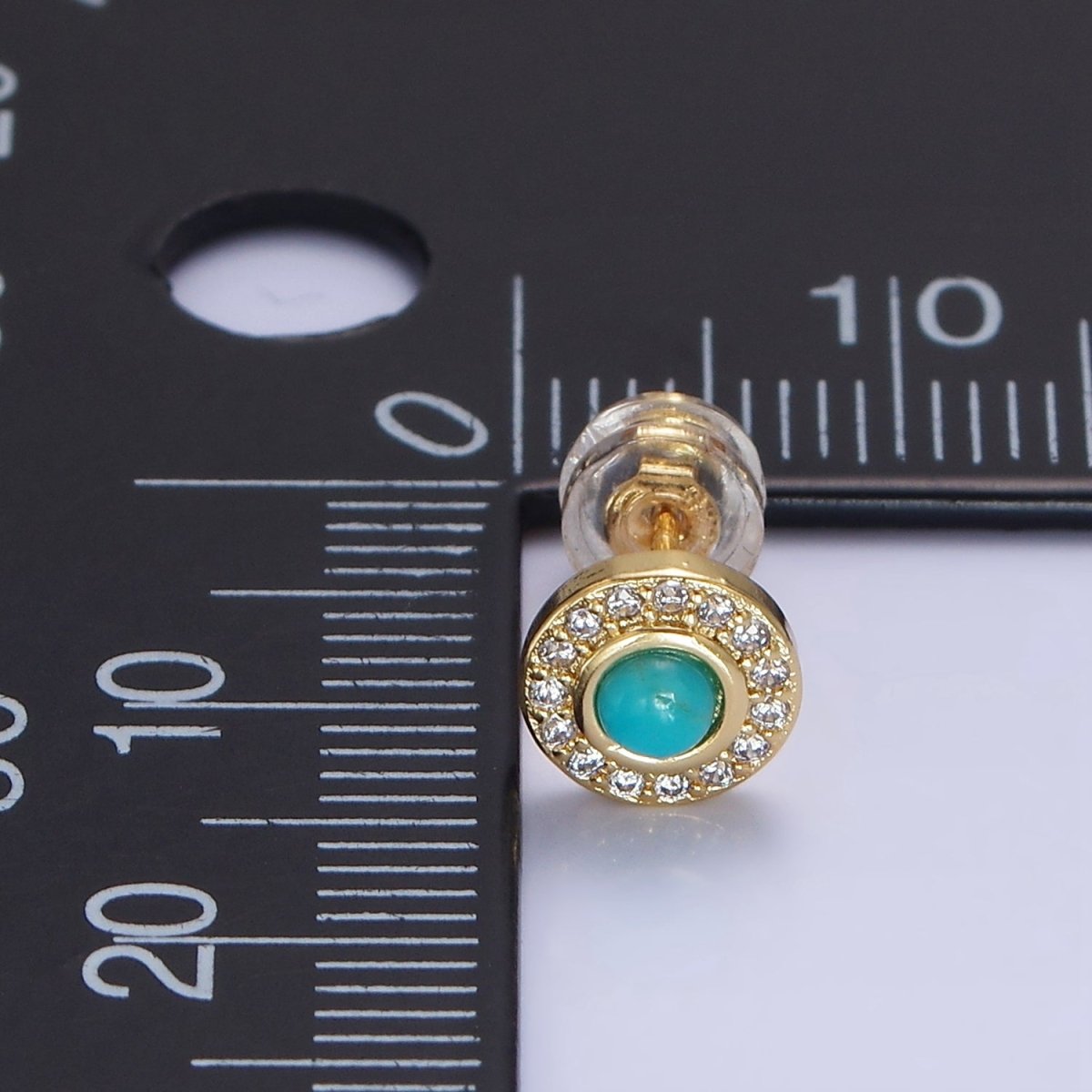 14K Gold Filled Turquoise Clear CZ Micro Paved Round Stud Earrings | P472