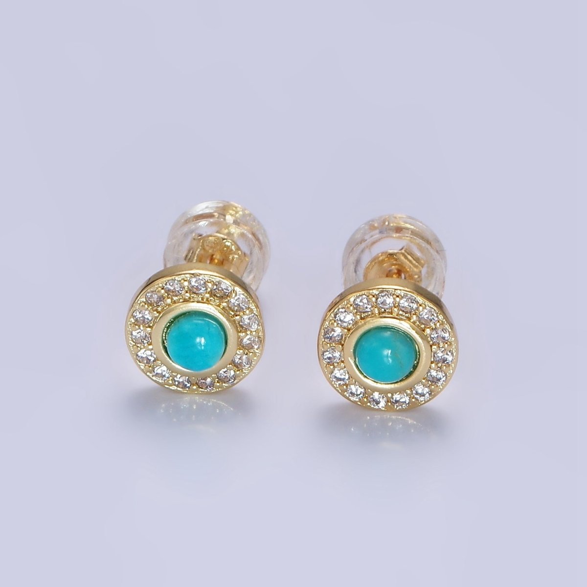 14K Gold Filled Turquoise Clear CZ Micro Paved Round Stud Earrings | P472