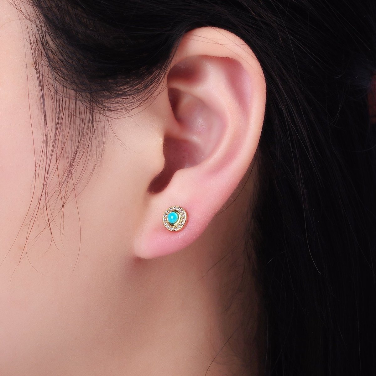 14K Gold Filled Turquoise Clear CZ Micro Paved Round Stud Earrings | P472