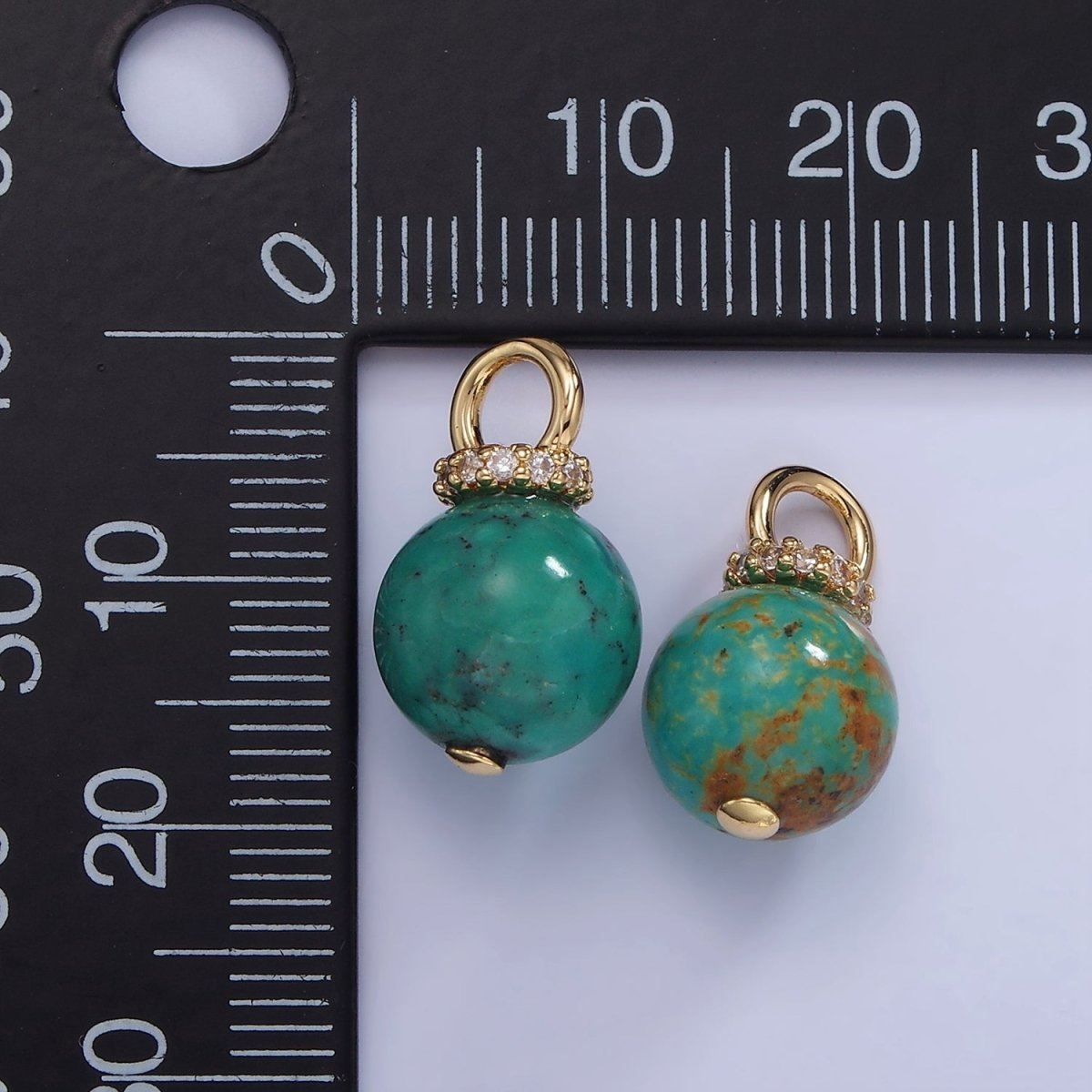 14K Gold Filled Turquoise, Fuchsite Green Gemstone Round Drop Micro Paved CZ Pendant | AG748 AG750