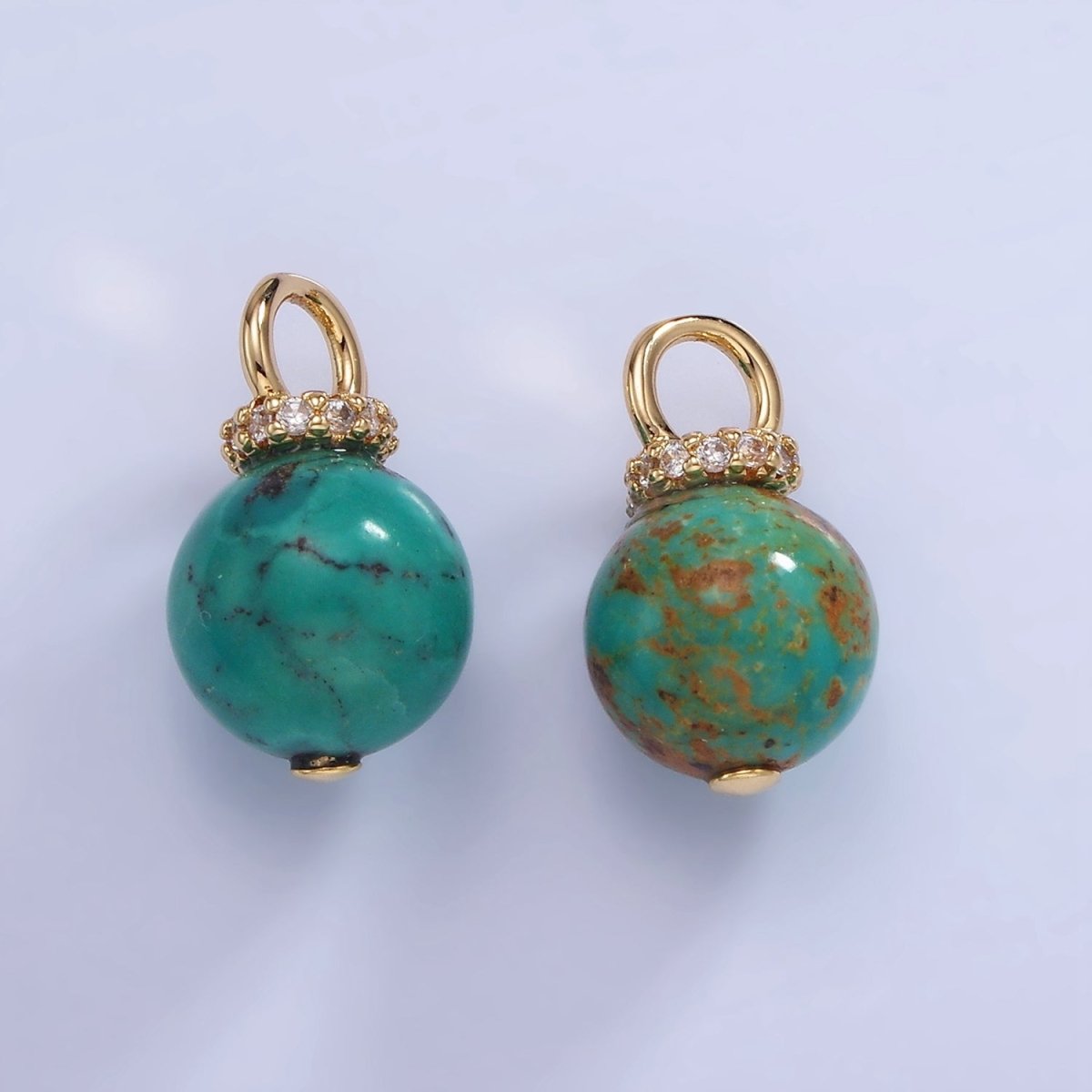 14K Gold Filled Turquoise, Fuchsite Green Gemstone Round Drop Micro Paved CZ Pendant | AG748 AG750
