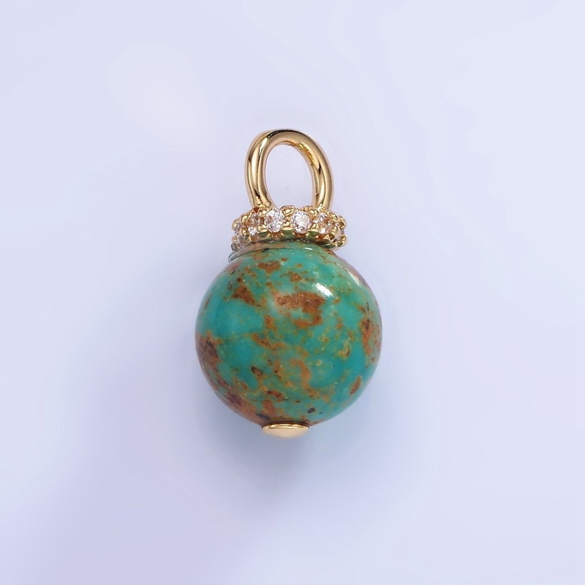 14K Gold Filled Turquoise, Fuchsite Green Gemstone Round Drop Micro Paved CZ Pendant | AG748 AG750
