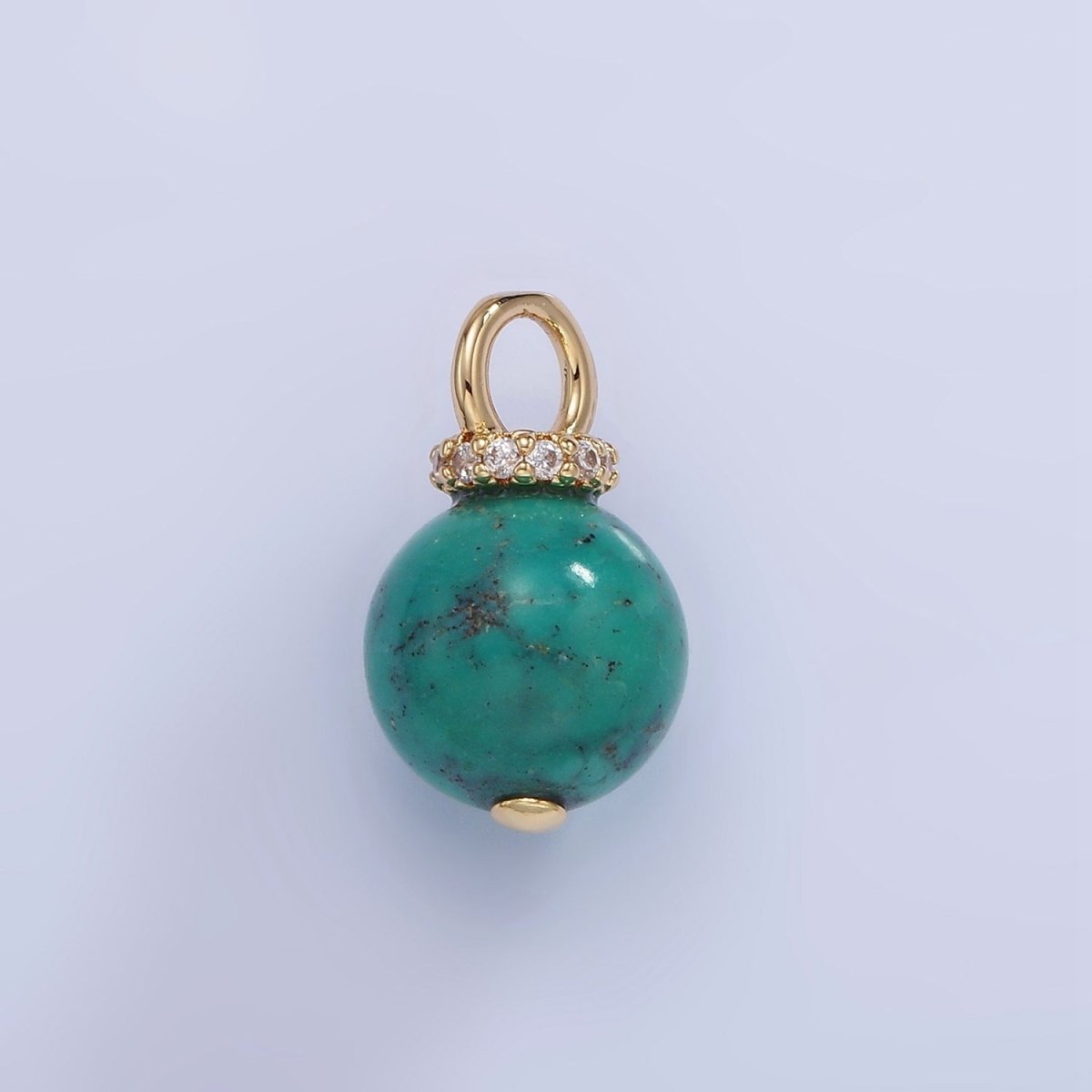 14K Gold Filled Turquoise, Fuchsite Green Gemstone Round Drop Micro Paved CZ Pendant | AG748 AG750