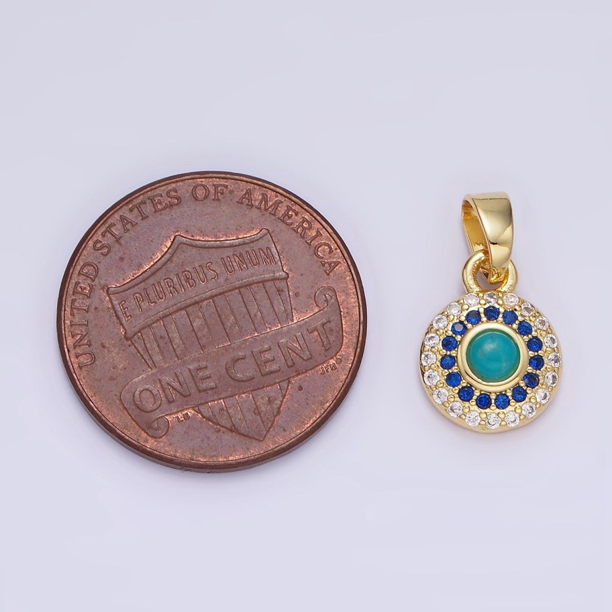 14K Gold Filled Turquoise Gemstone Micro Paved CZ Round Pendant | AH161