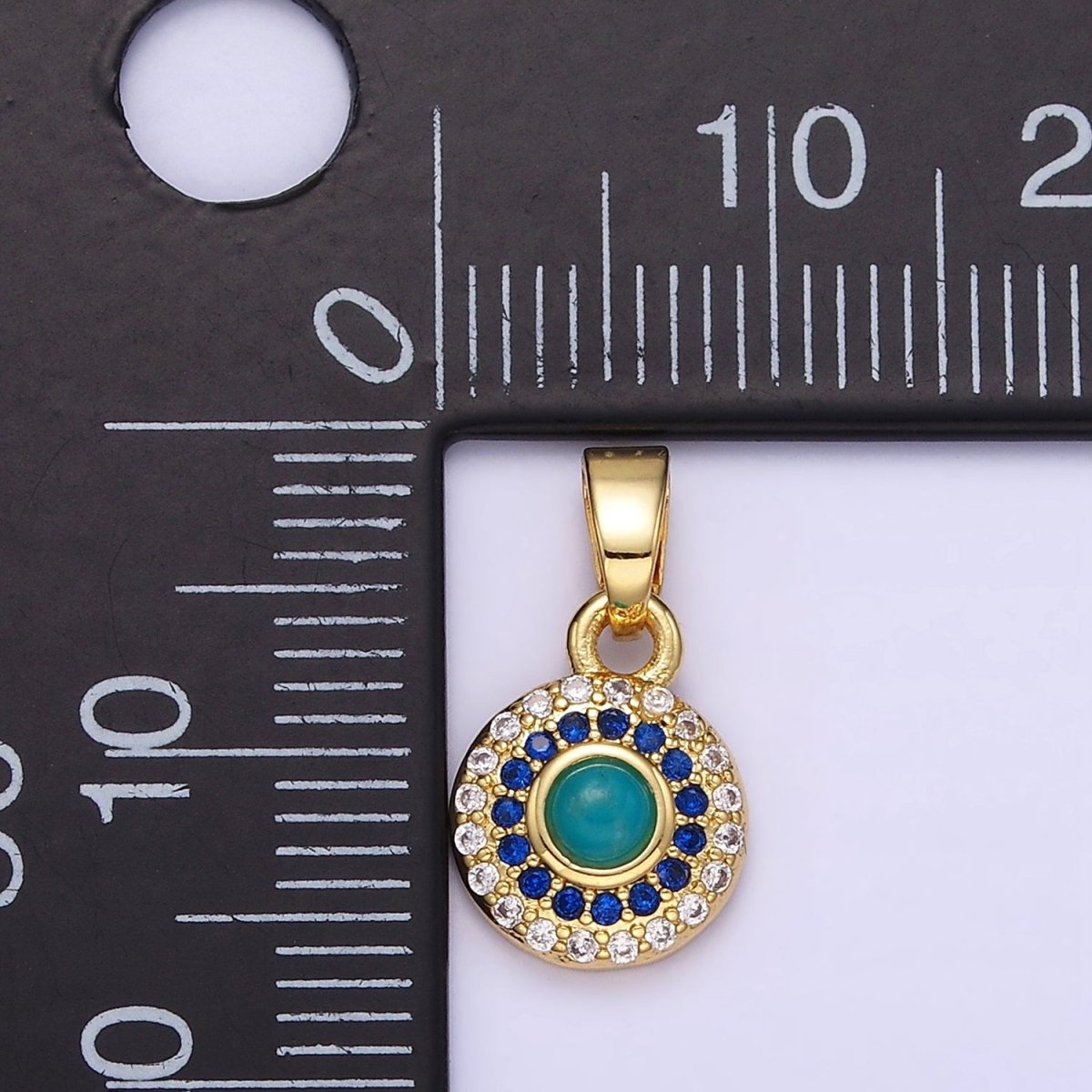 14K Gold Filled Turquoise Gemstone Micro Paved CZ Round Pendant | AH161