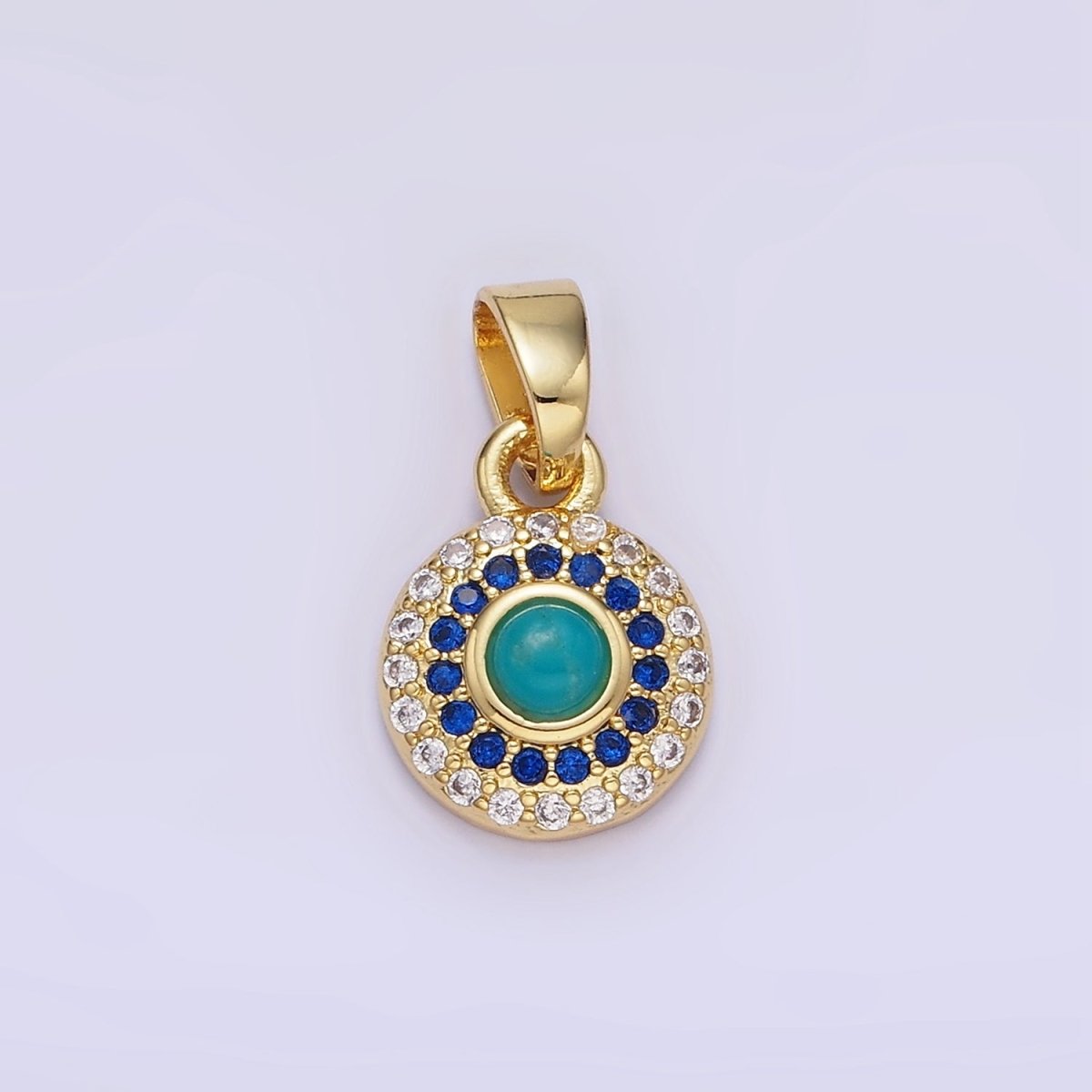 14K Gold Filled Turquoise Gemstone Micro Paved CZ Round Pendant | AH161