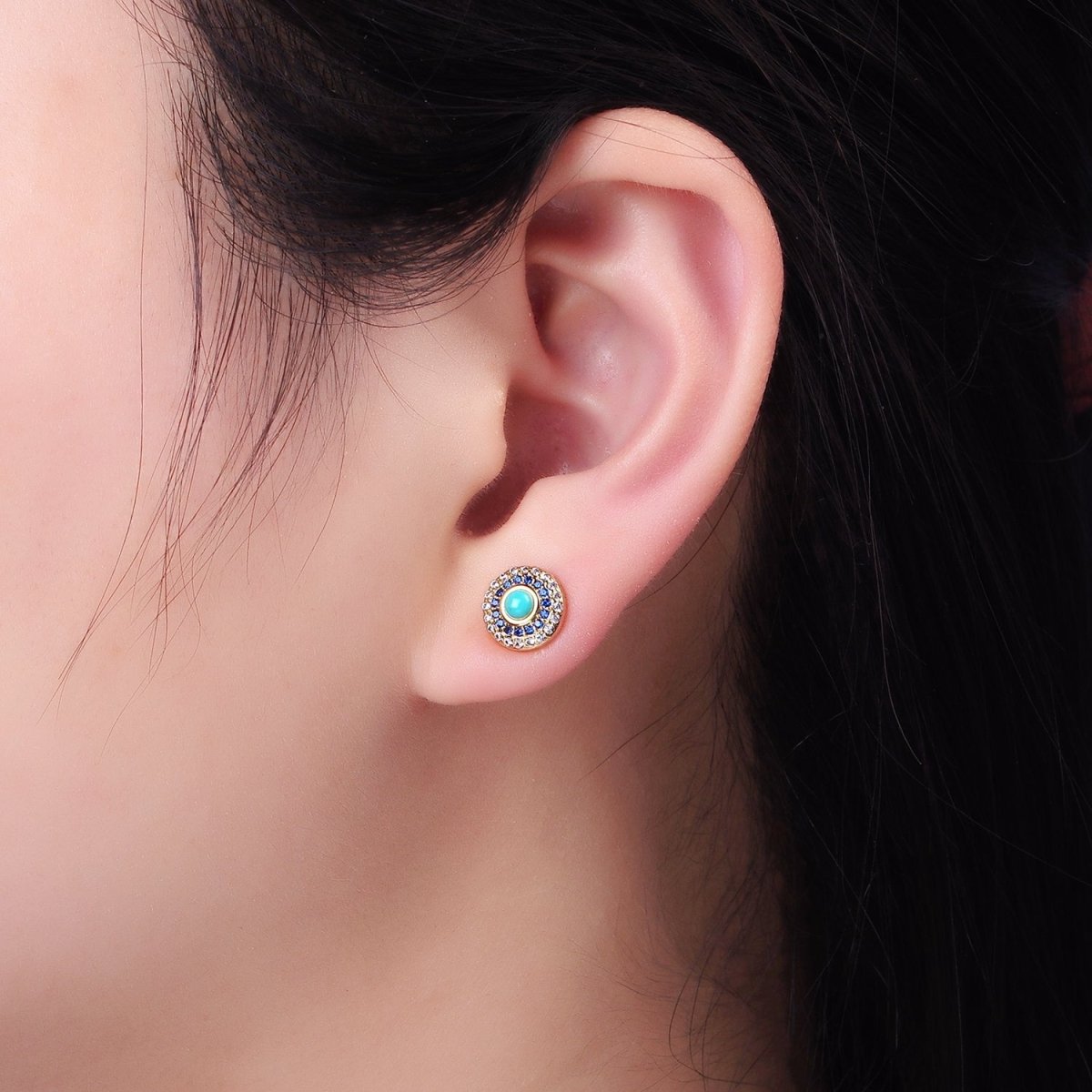 14K Gold Filled Turquoise Gemstone Micro Paved CZ Round Stud | P473
