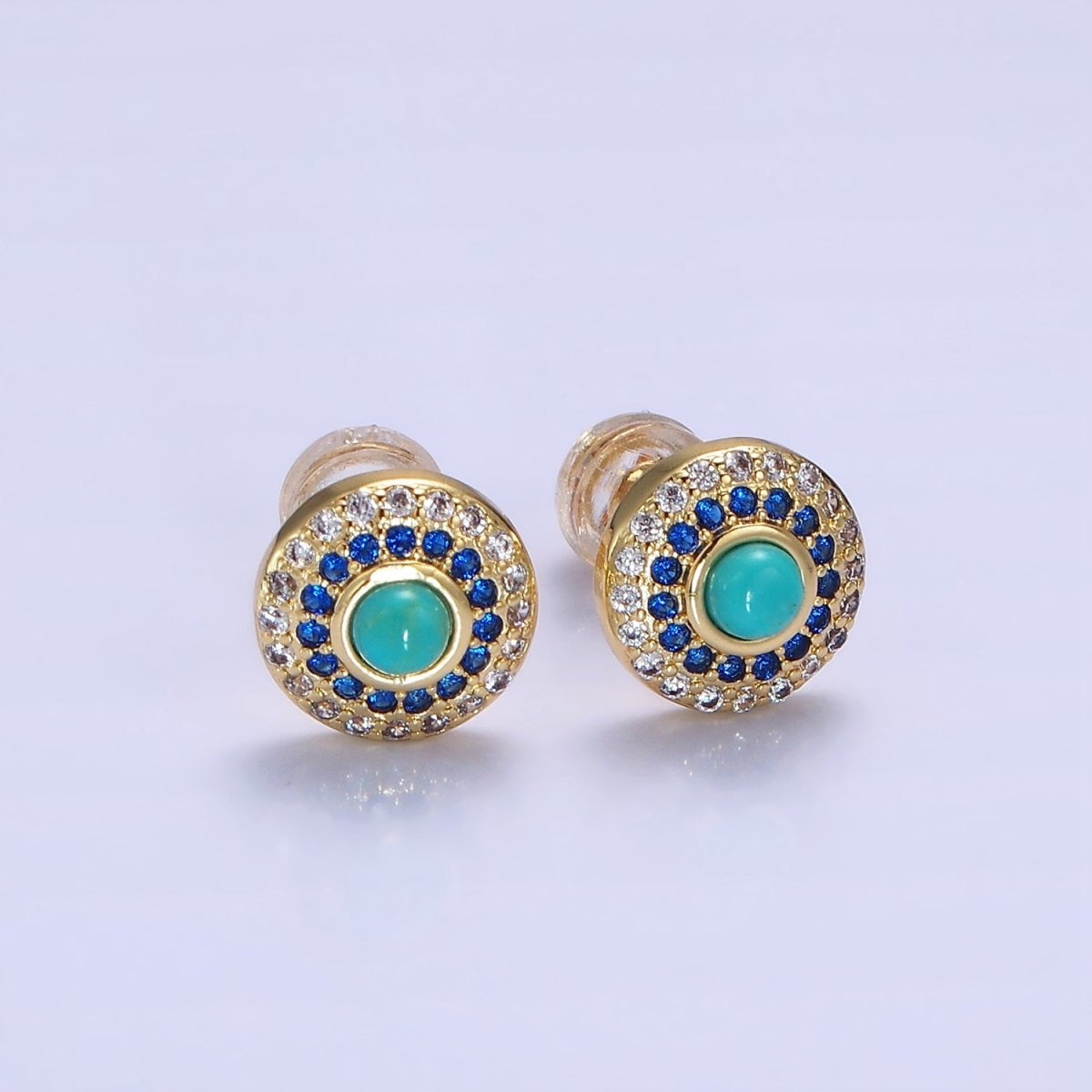 14K Gold Filled Turquoise Gemstone Micro Paved CZ Round Stud | P473