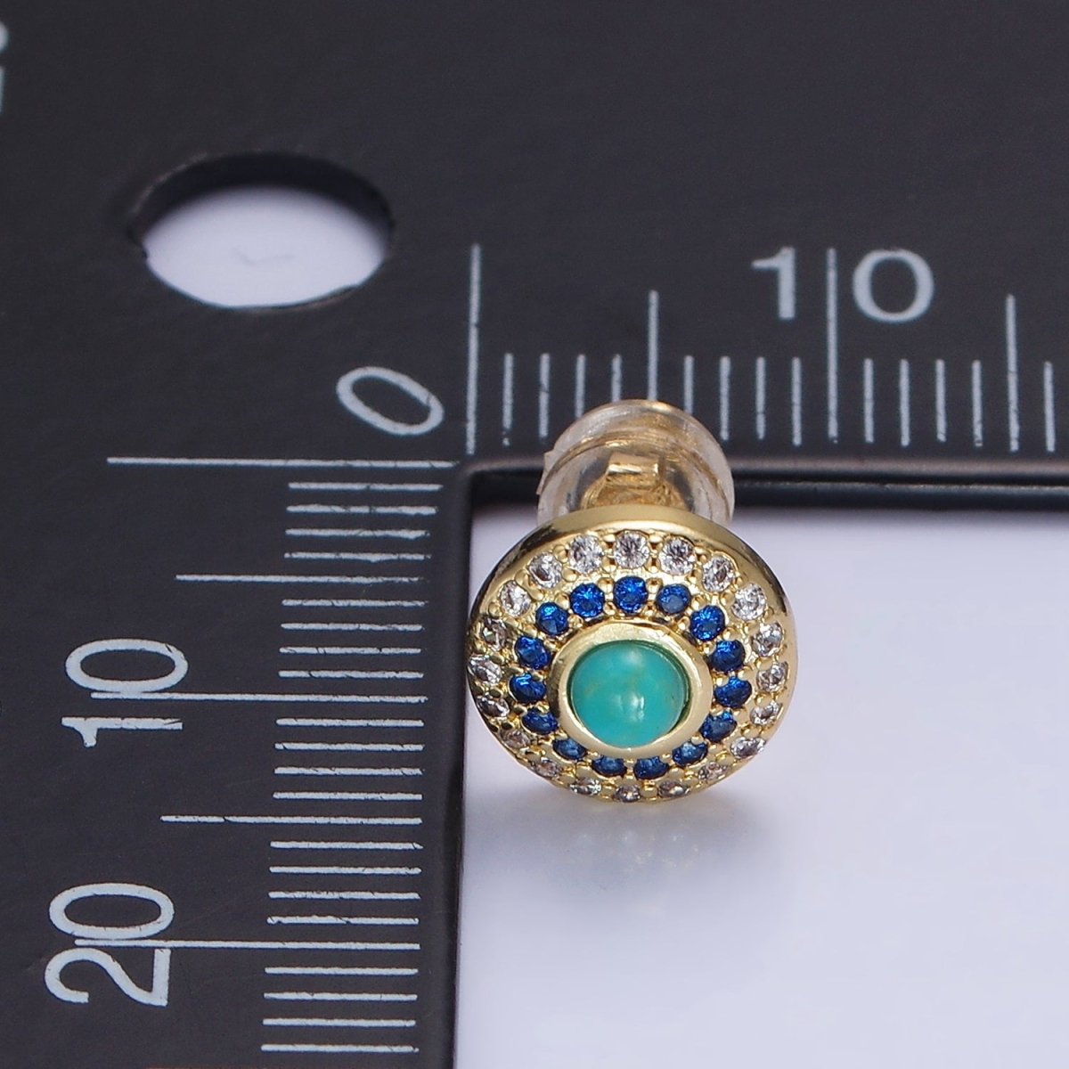 14K Gold Filled Turquoise Gemstone Micro Paved CZ Round Stud | P473