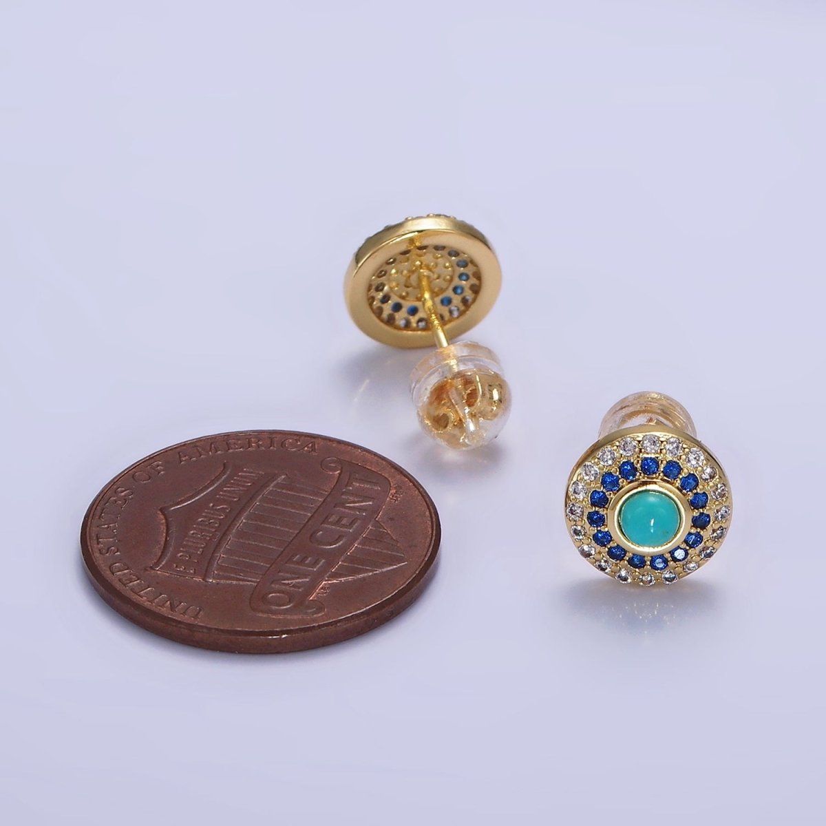 14K Gold Filled Turquoise Gemstone Micro Paved CZ Round Stud | P473