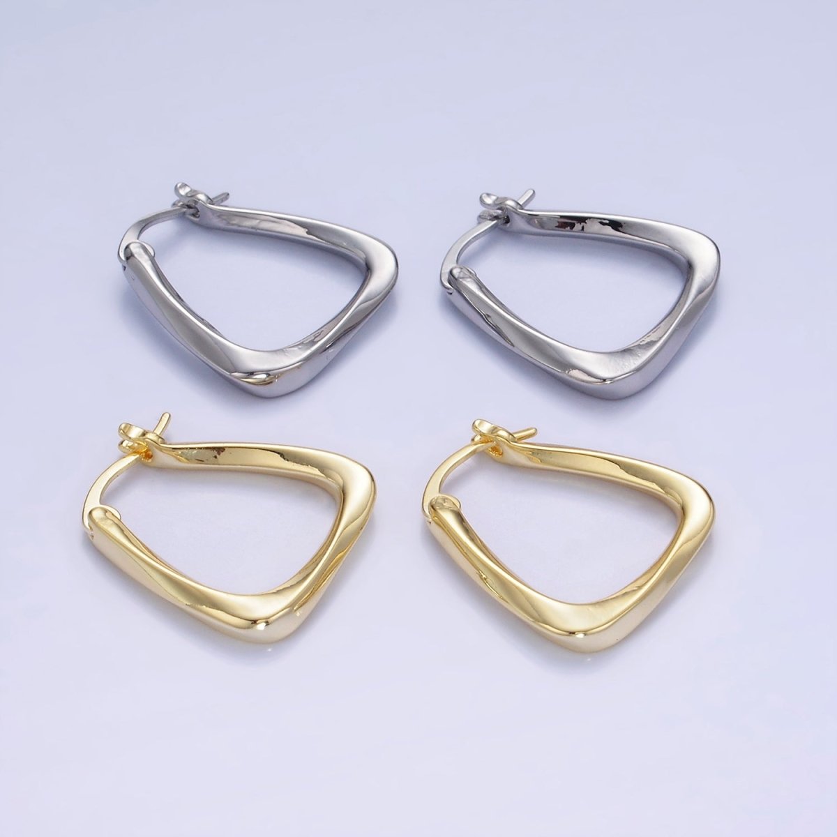14K Gold Filled Twisted Edged Triangle Latch Hoop Earrings in Gold & Silver | AB1348 AB1349