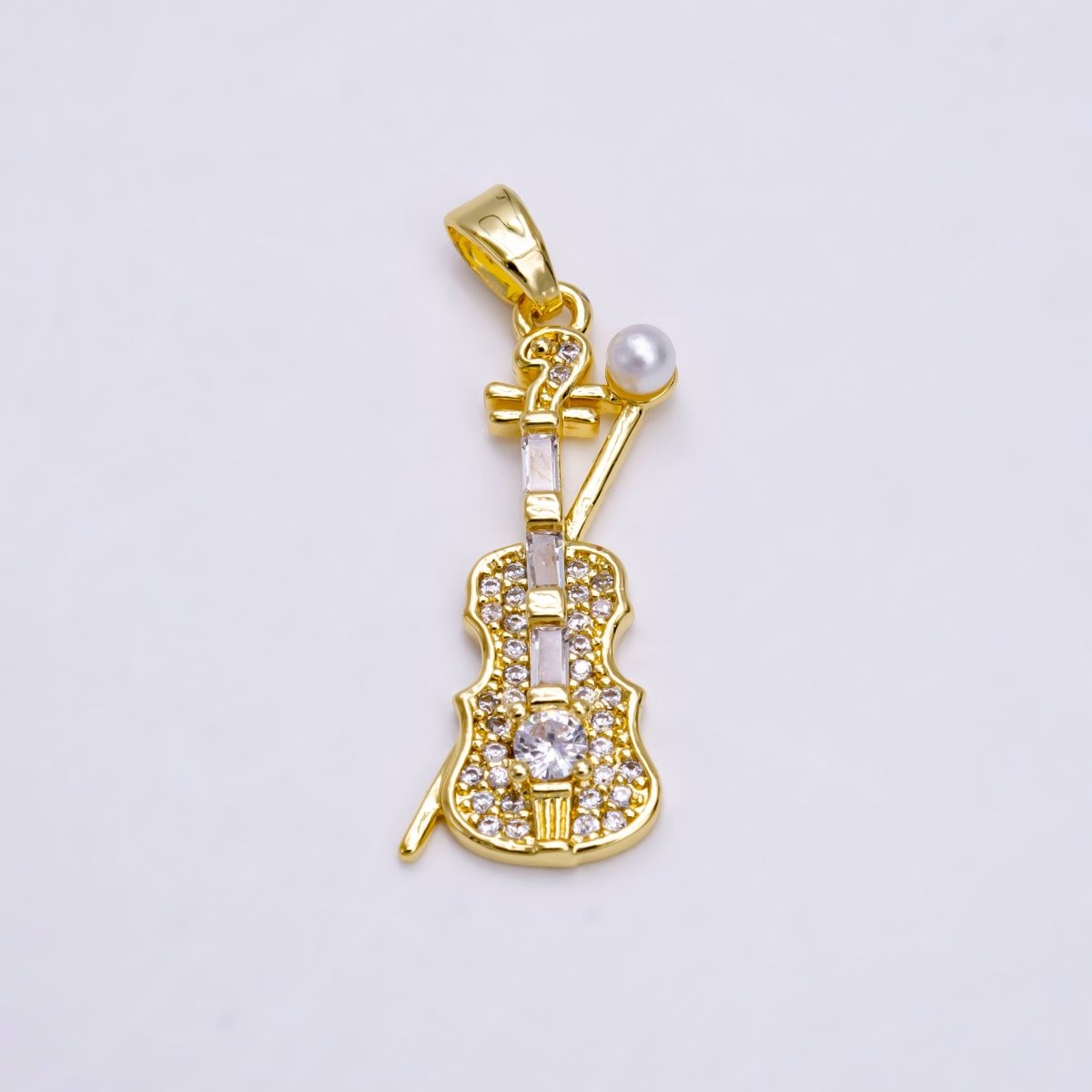 14K Gold Filled Violin Music Instrument Pearl Clear Baguette Micro Paved CZ Pendant | N1458