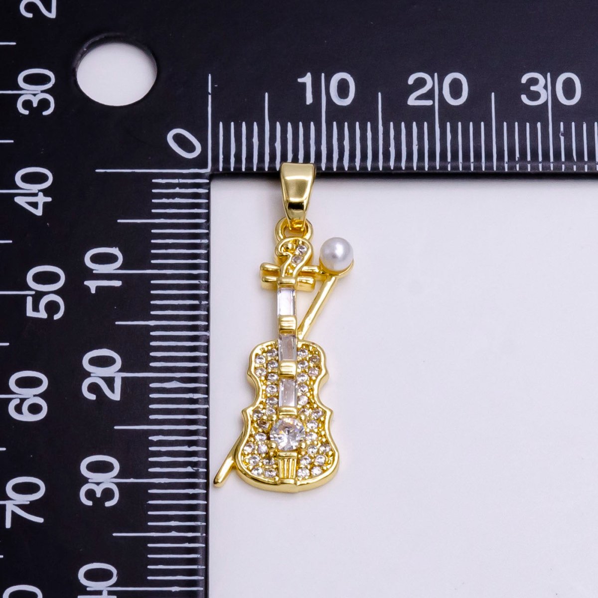 14K Gold Filled Violin Music Instrument Pearl Clear Baguette Micro Paved CZ Pendant | N1458