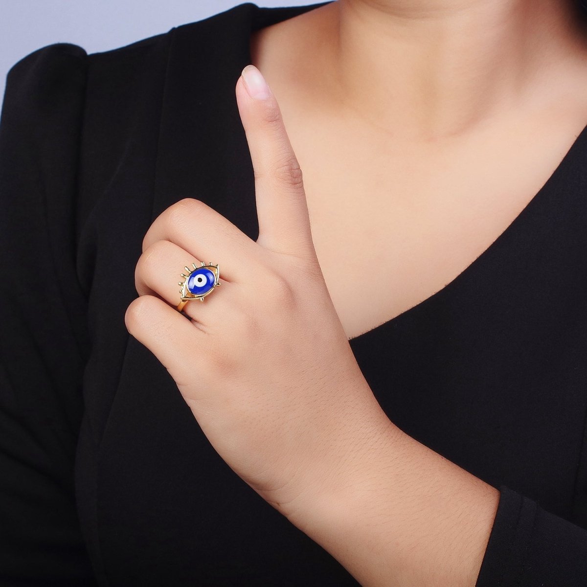 14K Gold Filled White, Blue Evil Eye Enamel Adjustable Ring | O-194 O-195