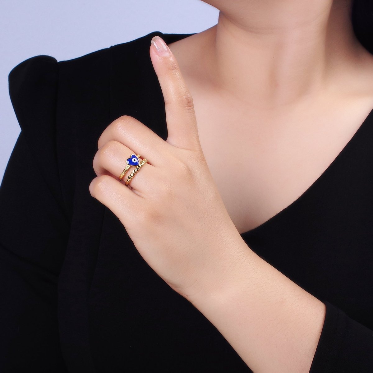 14K Gold Filled White, Blue Evil Eye Heart Beaded Double Band Ring | O-582 O-583