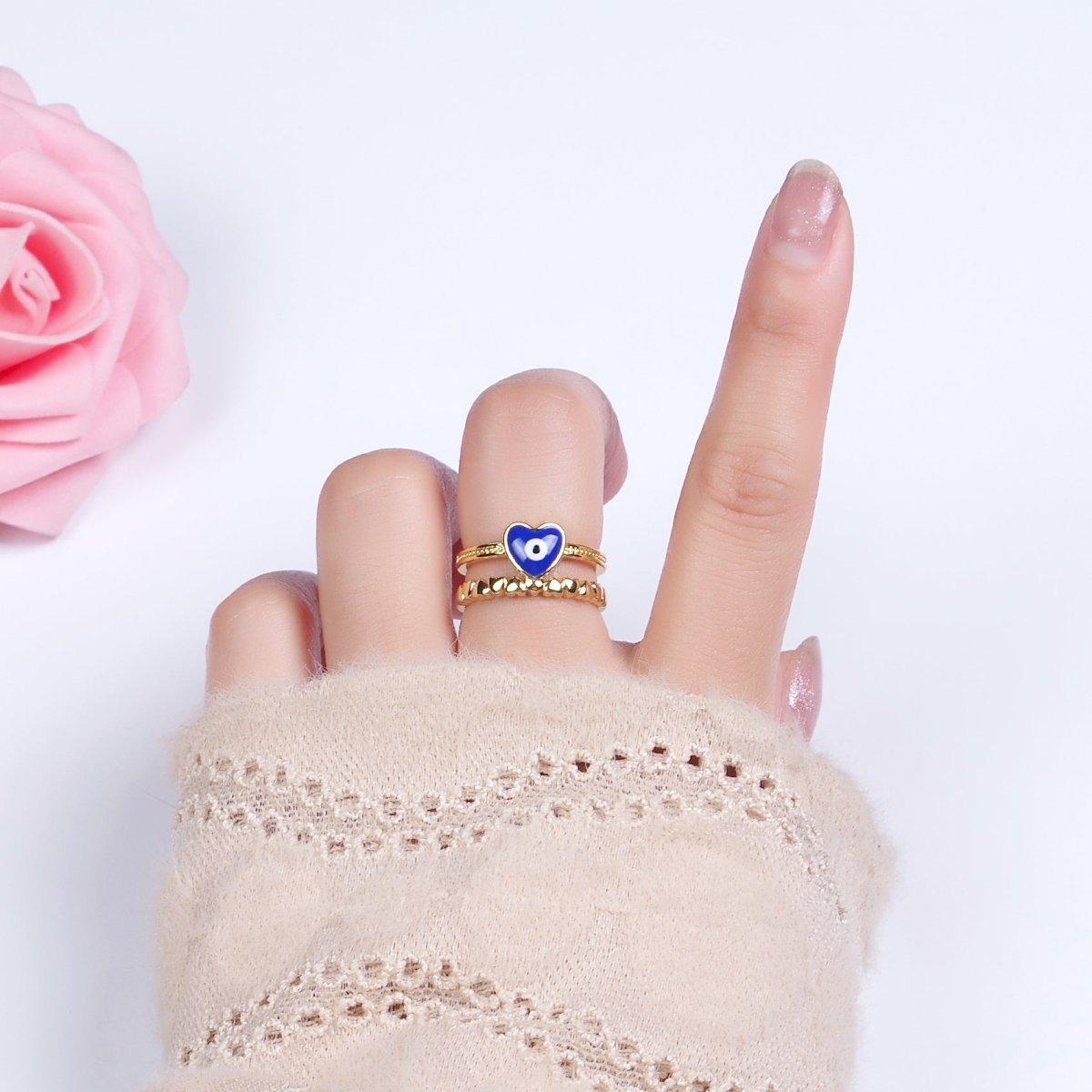 14K Gold Filled White, Blue Evil Eye Heart Beaded Double Band Ring | O-582 O-583