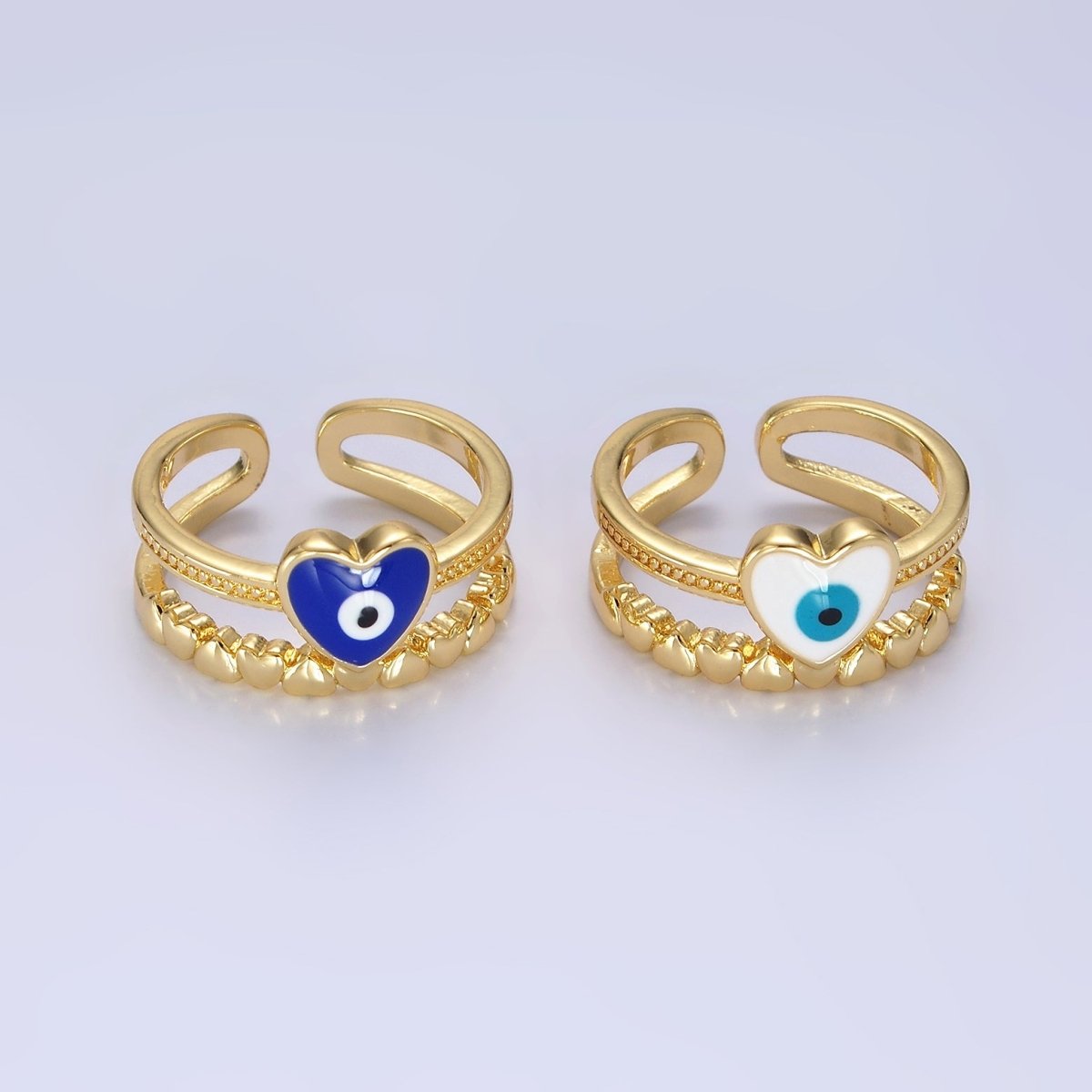 14K Gold Filled White, Blue Evil Eye Heart Beaded Double Band Ring | O-582 O-583